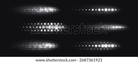 Silver halftone shapes, glowing dynamic elements made from sparkling dots.