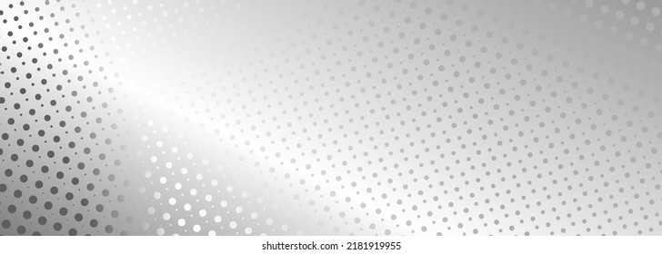 Textura plateada de medio tono sobre fondo ancho plateado. Puntos de semitono en banner de plata. Resumen del patrón de medio tono gris suave. Ilustración del vector