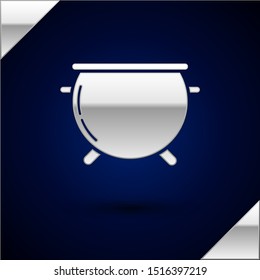 Silver Halloween witch cauldron icon isolated on dark blue background. Happy Halloween party.  Vector Illustration