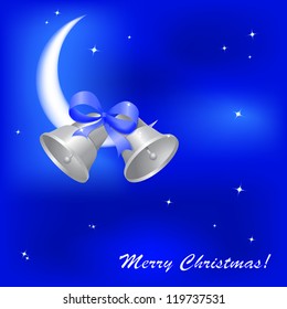 Silver hand bells on the moon in Christmas night. Vector. eps 10