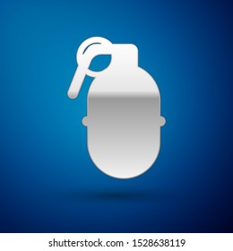 Silver Hand grenade icon isolated on blue background. Bomb explosion.  Vector Illustration