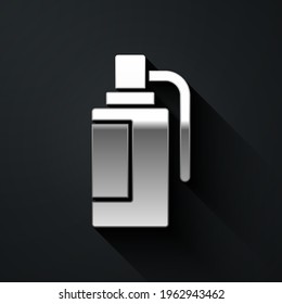 Silver Hand grenade icon isolated on black background. Bomb explosion. Long shadow style. Vector