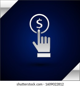 Silver Hand holding coin icon isolated on dark blue background. Dollar or USD symbol. Cash Banking currency sign.  Vector Illustration