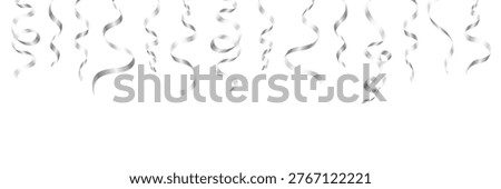 Silver hanging curling ribbons and party streamers border. Isolated shiny metallic vector serpentine frame overlay for festive birthday, New Year, anniversary or celebration banner design.