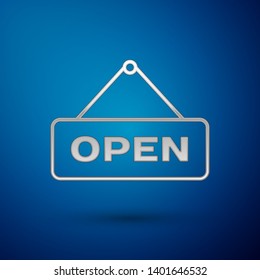 Silver Hanging sign with text Open door icon isolated on blue background. Vector Illustration