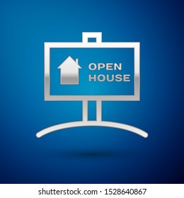 Silver Hanging sign with text Open house icon isolated on blue background. Signboard with text Open house.  Vector Illustration