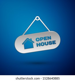 Silver Hanging sign with text Open house icon isolated on blue background. Signboard with text Open house.  Vector Illustration