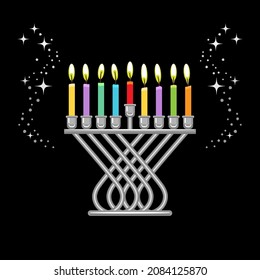 Silver Hanukkah menorah with burning candles vector illustration