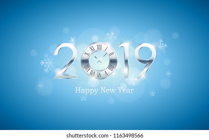 Silver Happy new year 2019 and clock with snowflakes in vintage blue color background