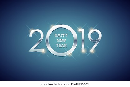 Silver Happy new year 2019 with glowing glitter on blue color background Silver Happy new year 2019 with glowing glitter on blue color background