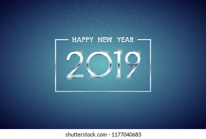 Silver Happy new year 2019 in square label with glowing glitter on blue color background