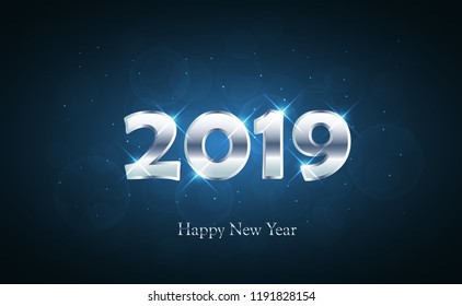 Silver Happy new year 2019 with abstract bokeh and lens flare pattern in vintage blue color background
