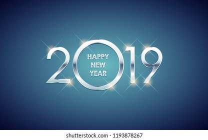 Silver Happy new year 2019 with glowing glitter on blue color background