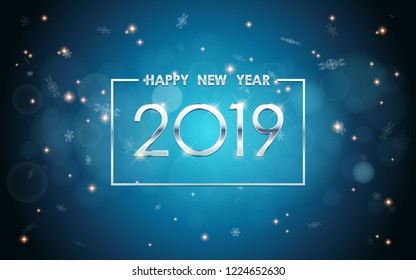 Silver Happy new year 2019 in square label with glowing glitter and snowflakes in vintage blue color background