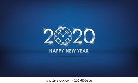 Silver Happy New Year 2020 with clock face on studio luxury blue color background