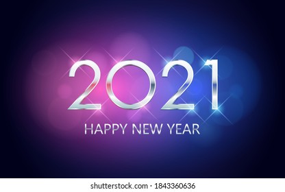 Silver Happy New Year 2020 With Bokeh In Neon Blue And Purple Color Background