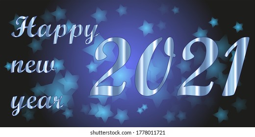 Silver Happy New Year 2021 with stars on blue Colour Background