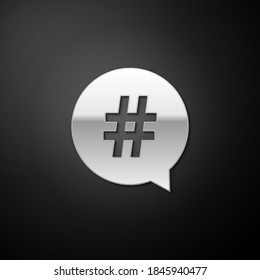 Silver Hashtag in circle icon isolated on black background. Social media symbol, concept of number sign, social media, micro blogging pr popularity. Long shadow style. Vector.