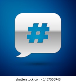 Silver Hashtag speech bubble icon isolated on blue background. Concept of number sign, social media marketing, micro blogging.  Vector Illustration