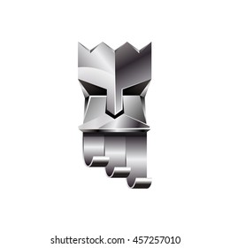 Silver head of king on white background. Abstract metallic polygonal logo of God with silver crown.