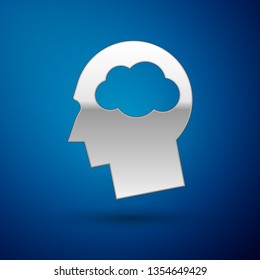 Silver Head silhouette with cloud icon isolated on blue background. Dreaming sign. Vector Illustration