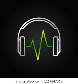 Silver Headphone with green music wave vector linear icon or symbol on dark background