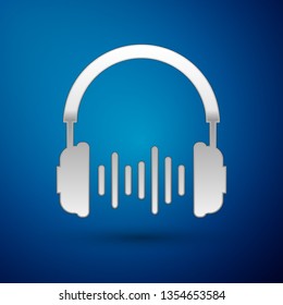 Silver Headphone and sound waves icon on blue background. Earphone sign. Concept object for listening to music, service, communication and operator. Vector Illustration