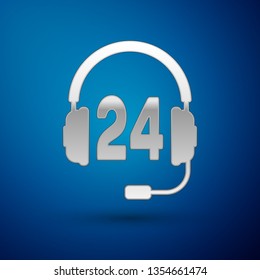 Silver Headphone for support or service icon on blue background. Concept of consultation, hotline, call center, faq, maintenance, assistance. Vector Illustration