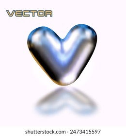Silver heart 3D object with a blue gradient and shadow effect against a pink background.