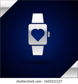 Silver Heart in the center wrist watch icon isolated on dark blue background. Valentines day.  Vector Illustration