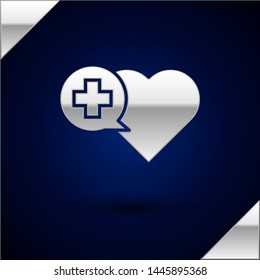 Silver Heart with a cross icon isolated on dark blue background. First aid. Healthcare, medical and pharmacy sign.  Vector Illustration
