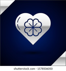Silver Heart with four leaf clover icon isolated on dark blue background. Happy Saint Patrick day.  Vector Illustration