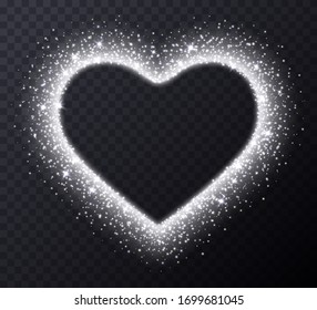 Silver heart frame with sparkles and flares, abstract luminous particles, white stardust light effect isolated on a dark background. Xmas glares and sparks. Luxury backdrop. Vector illustration.