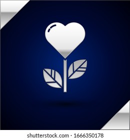 Silver Heart shape in a flower icon isolated on dark blue background.  Vector Illustration