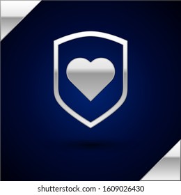 Silver Heart with shield icon isolated on dark blue background. Love symbol. Security, safety, protection, protect concept. Valentines day.  Vector Illustration