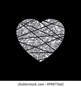Silver heart sign. Metal shape isolated on black background. Vector Illustration. Luxury design with light, vibrant, sparkle and glitter. Design template for t-shirt, banner, invitation card, poster