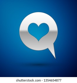Silver Heart in speech bubble icon isolated on blue background. Heart shape in message bubble. Love sign. Valentines day symbol. Vector Illustration