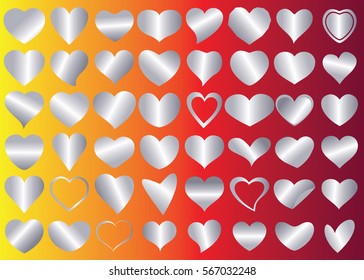 Silver heart vector icon background set for Valentine's day, medical illustration, love story symbol. Health medical flat logo. Romantic amour beautiful shape