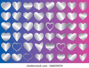 Silver heart vector icon background set for Valentine's day, medical illustration, love story symbol. Health medical flat logo. Romantic amour beautiful shape