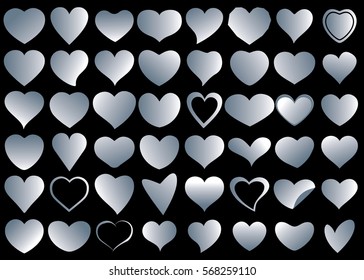 Silver heart vector icon background set for Valentine's day, medical illustration, love story symbol. Health medical flat logo. Romantic amour beautiful shape