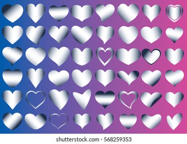 Silver heart vector icon background set for Valentine's day, medical illustration, love story symbol. Health medical flat logo. Romantic amour beautiful shape