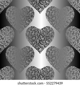 Silver hearts seamless vector pattern. Shiny silver and black Valentines day background. Doodle hearts ornament. Texture of silver foil.