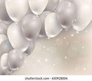 Silver helium ballons, blurred bokeh, sparkles. Birthday, party celebration concept. Vector realistic balloons flying in the air.