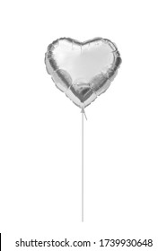 Silver helium balloon heart isolated on a white background. Love concept. Holiday gift. Design object for festive decoration. Realistic 3d vector illustration