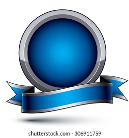 Silver heraldic vector round template, three-dimensional royal geometric medallion with blue stylish undulate ribbon isolated on white background.