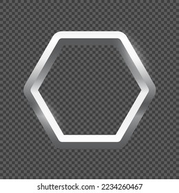 Silver hexagon frame for picture on transparent background. Blank space for picture, painting, card or photo. 3d realistic modern template vector illustration. Simple steel object mockup.
