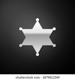 Silver Hexagram sheriff icon isolated on black background. Police badge icon. Long shadow style. Vector.