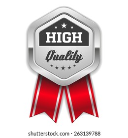 Silver high quality badge with red ribbon on white background