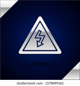Silver High voltage sign icon isolated on dark blue background. Danger symbol. Arrow in triangle. Warning icon.  Vector Illustration
