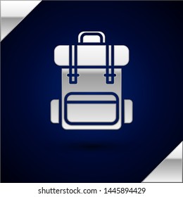 Silver Hiking backpack icon isolated on dark blue background. Camping and mountain exploring backpack.  Vector Illustration